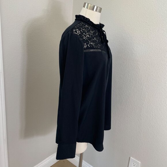 Ann Taylor Womens Large Tall Black Lace Yoke Long Sleeve Blouse Front Neck Tie - Picture 3 of 12